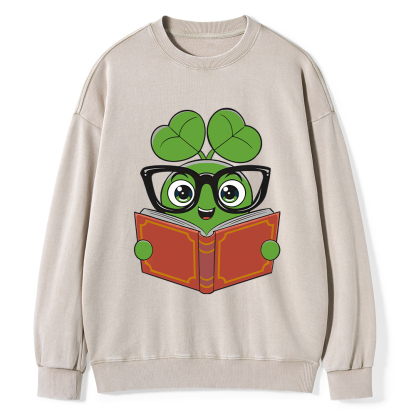  Pagewings Cute Reading Clover Tee Lucky Bookworm T-Shirt Unisex Washed Sweatshirt