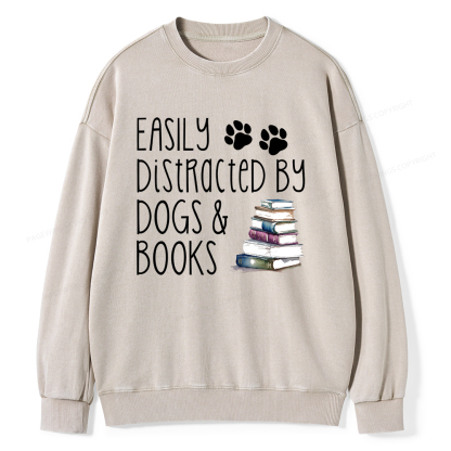 Pagewings Easily Distracted By Dogs And Books Unisex Washed Sweatshirt