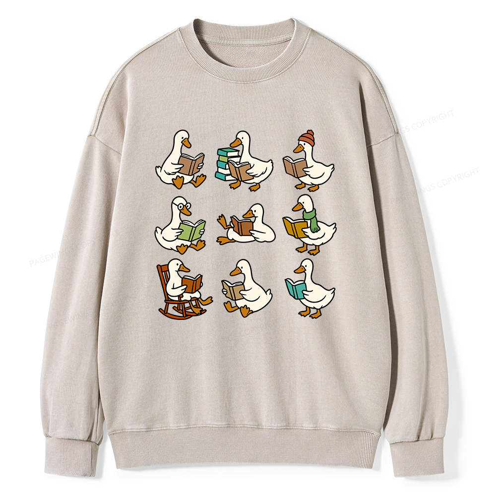 Pagewings Cute Goose Reading Unisex Washed Sweatshirt