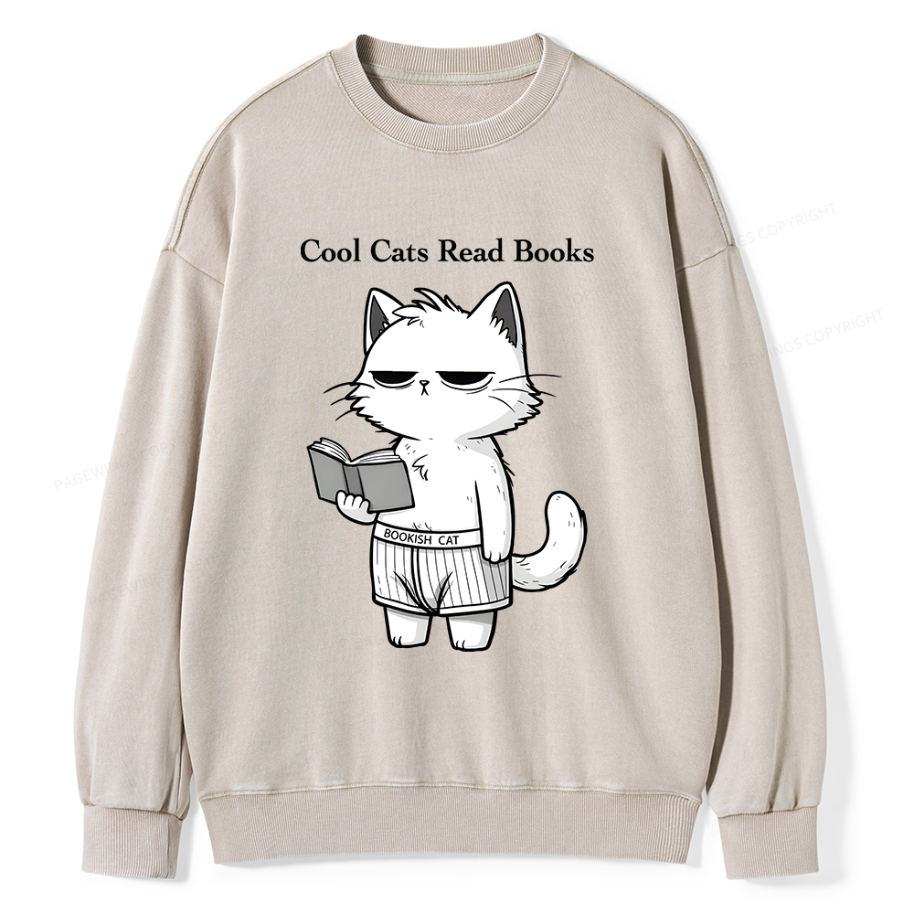 Pagewings Cool Cats Read Books Unisex Washed Sweatshirt