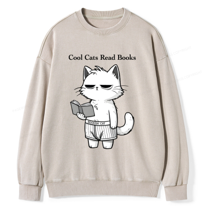 Pagewings Cool Cats Read Books Unisex Washed Sweatshirt