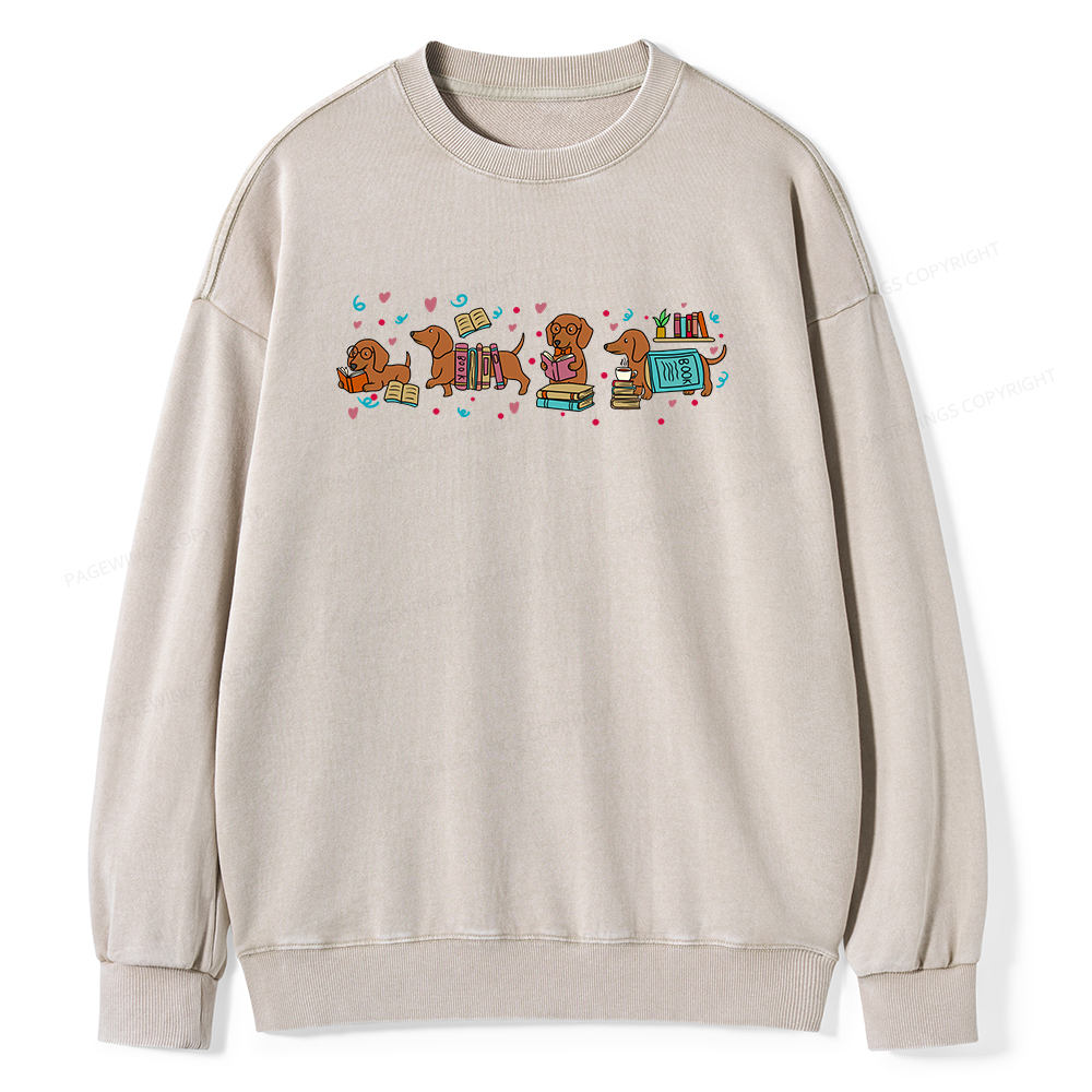 Pagewings Dachshund Book Lover Unisex Washed Sweatshirt