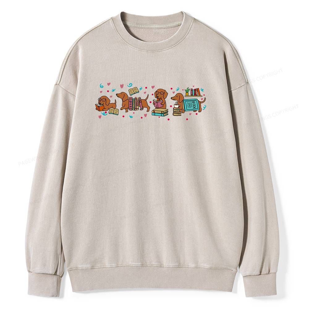Pagewings Dachshund Book Lover Unisex Washed Sweatshirt