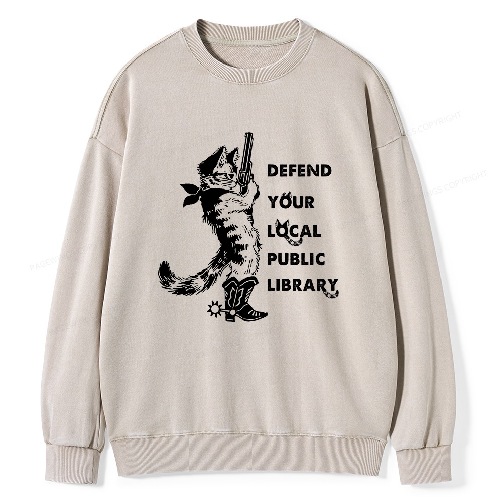 Pagewings Cat Defend Your Local Public Library Unisex Washed Sweatshirt