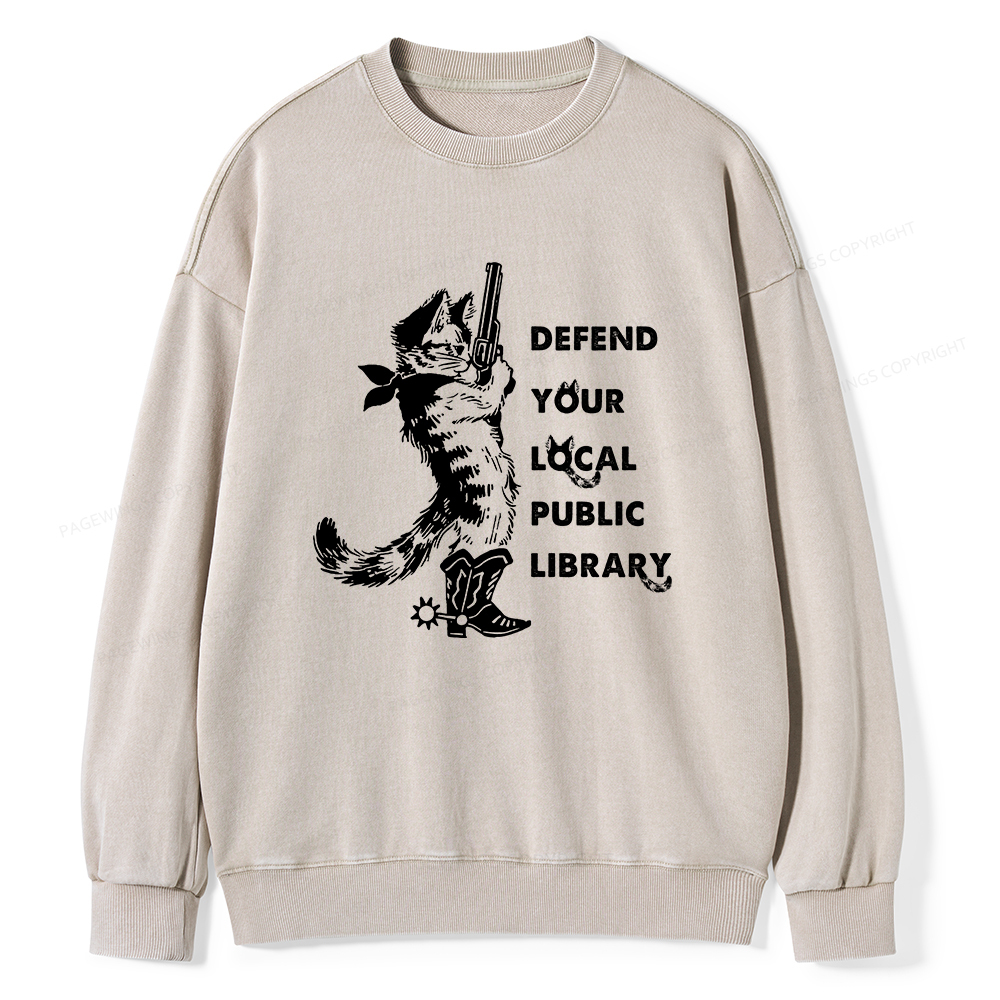 Pagewings Cat Defend Your Local Public Library Unisex Washed Sweatshirt