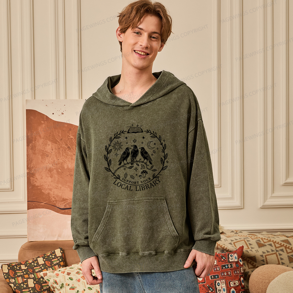 Pagewings Support Your Local Library Unisex Washed Hoodie