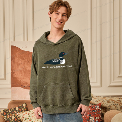 Pagewings Stupid Canadian Wolf Bird Unisex Washed Hoodie