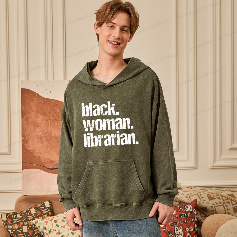 Pagewings Black Woman Librarian Unisex Washed Hoodie