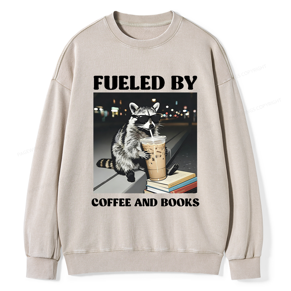 Pagewings Raccoon Reading And Drinking Iced Coffee Washed Sweatshirt