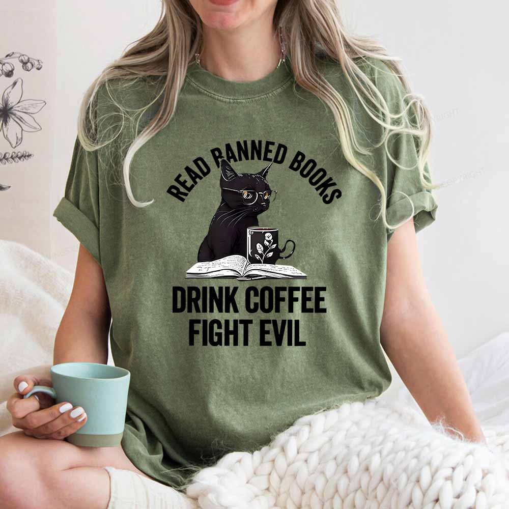 Pagewings Read Books Drink Coffee Fight Evil Shirt Unisex Washed T-shirt