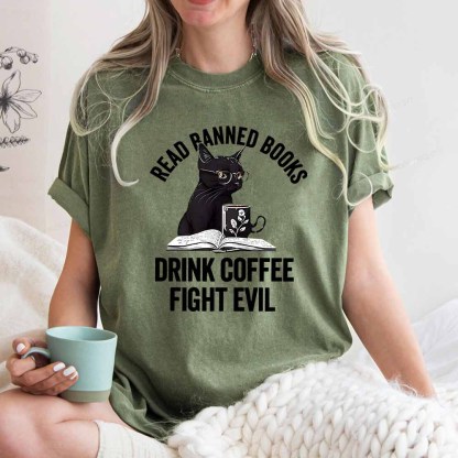 Pagewings Read Books Drink Coffee Fight Evil Shirt Unisex Washed T-shirt