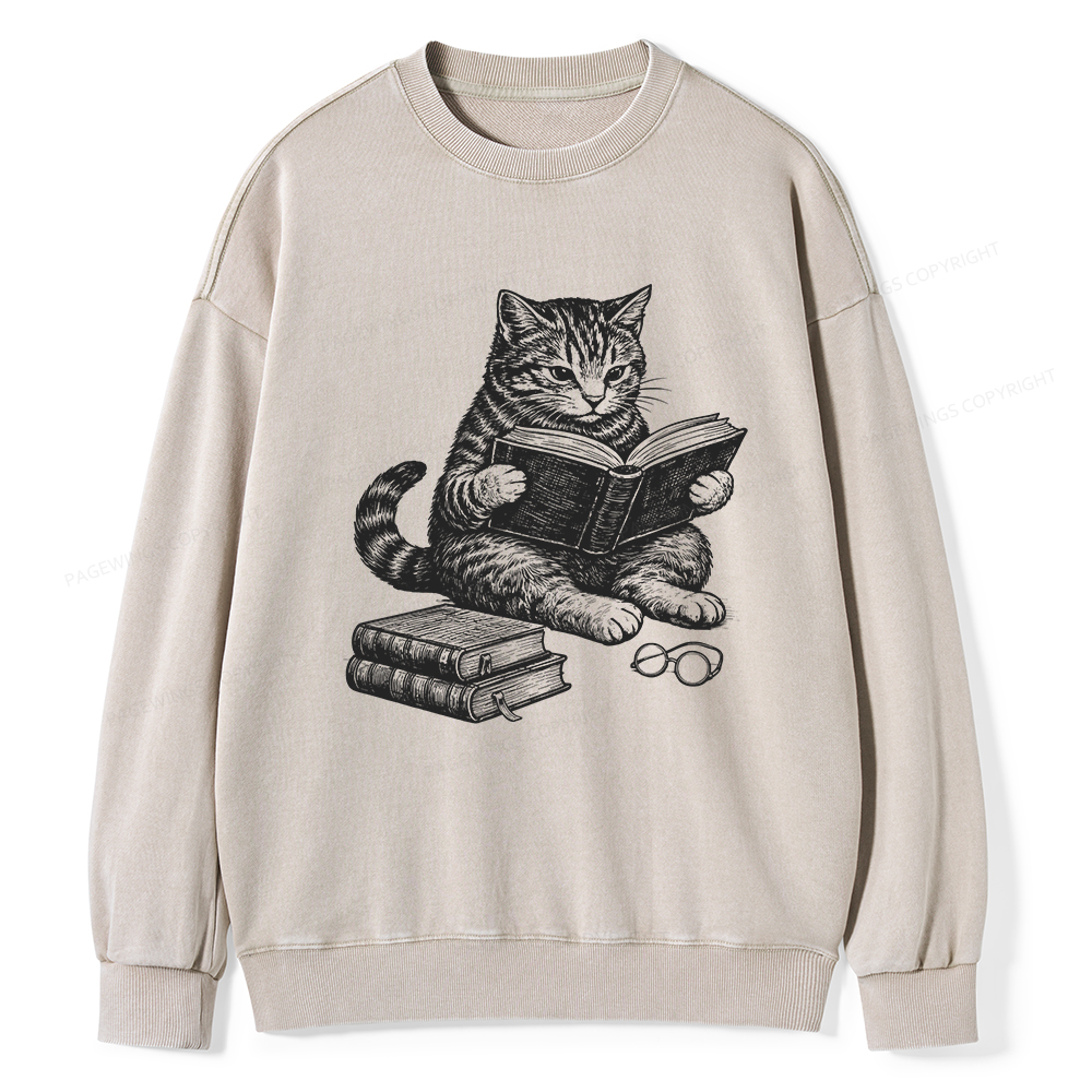Pagewings Cat Reading Book Unisex Washed Sweatshirt