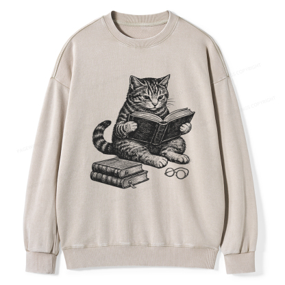 Pagewings Cat Reading Book Unisex Washed Sweatshirt