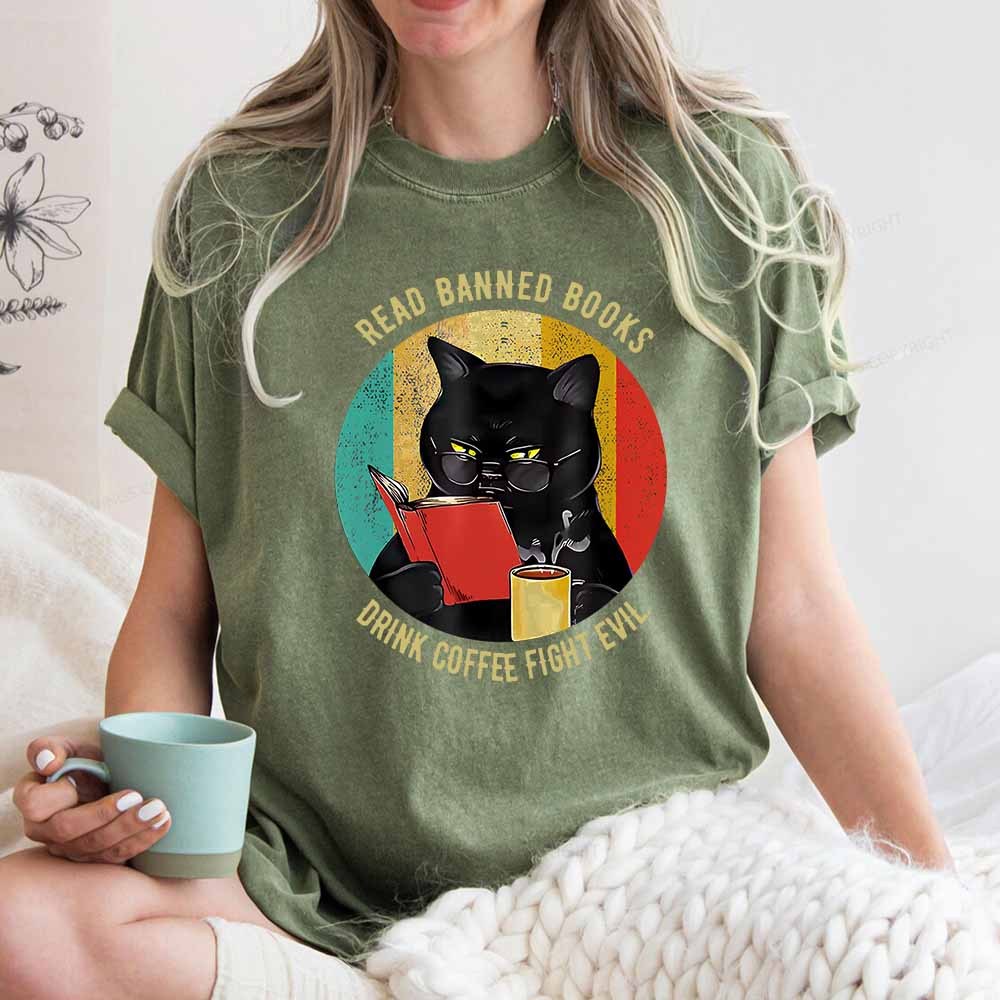 Pagewings Read Banned Books Drink Coffee Fight Evil Retro Cat Lovers T-Shirt Unisex Washed T-shirt