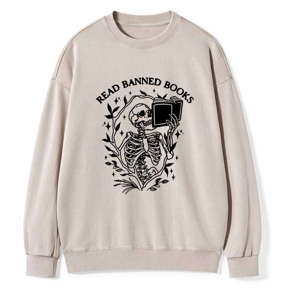 Pagewings Read Banned Books Skeleton Halloween Goth Protest T-Shirt Unisex Washed Sweatshirt