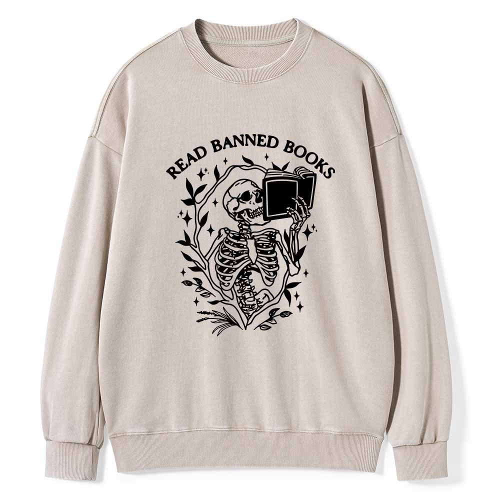Pagewings Read Banned Books Skeleton Halloween Goth Protest T-Shirt Unisex Washed Sweatshirt