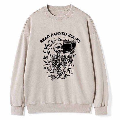 Pagewings Read Banned Books Skeleton Halloween Goth Protest T-Shirt Unisex Washed Sweatshirt
