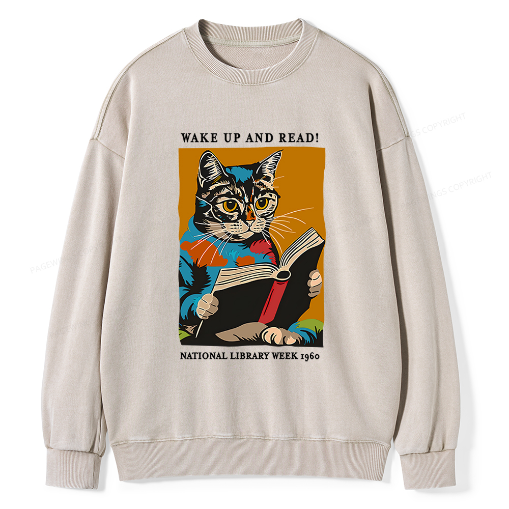 Pagewings Cat Reading Poster Unisex Washed Sweatshirt