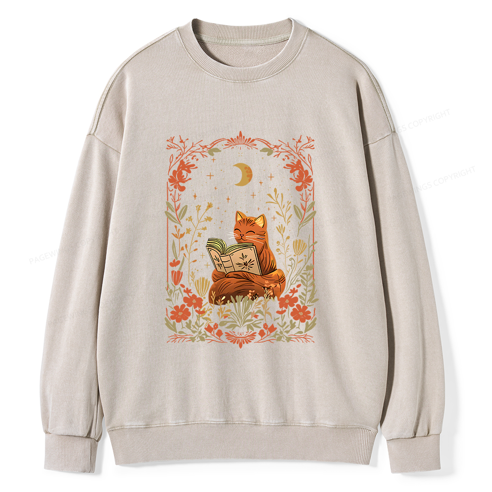 Pagewings Cat Wildflower Book Reading Unisex Washed Sweatshirt