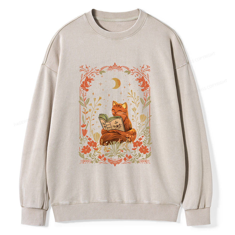 Pagewings Cat Wildflower Book Reading Unisex Washed Sweatshirt