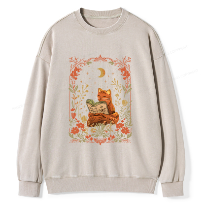 Pagewings Cat Wildflower Book Reading Unisex Washed Sweatshirt