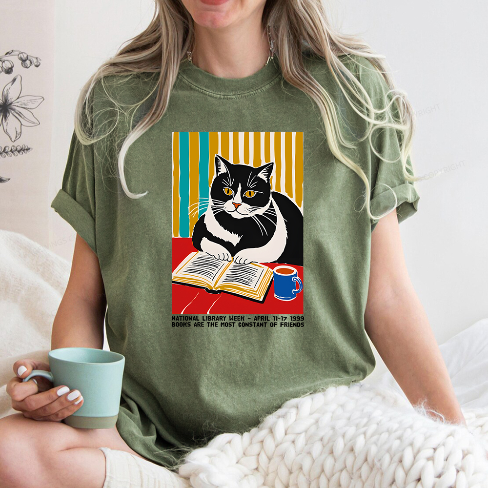 Pagewings Ational Library Week Cat Poster Unisex Washed T-shirt