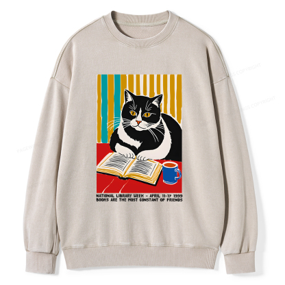 Pagewings Ational Library Week Cat Poster Unisex Washed Sweatshirt