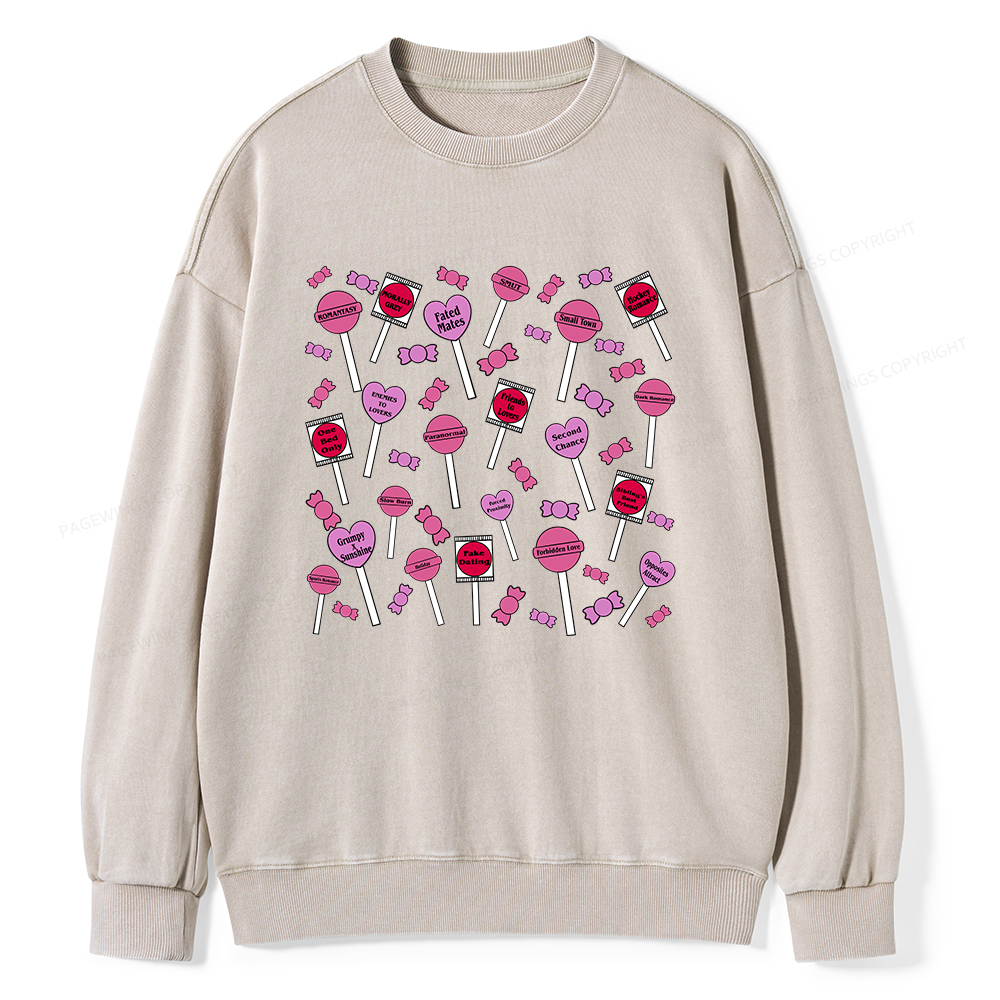 Pagewings Cute Candy-Themed Bookish Unisex Washed Sweatshirt
