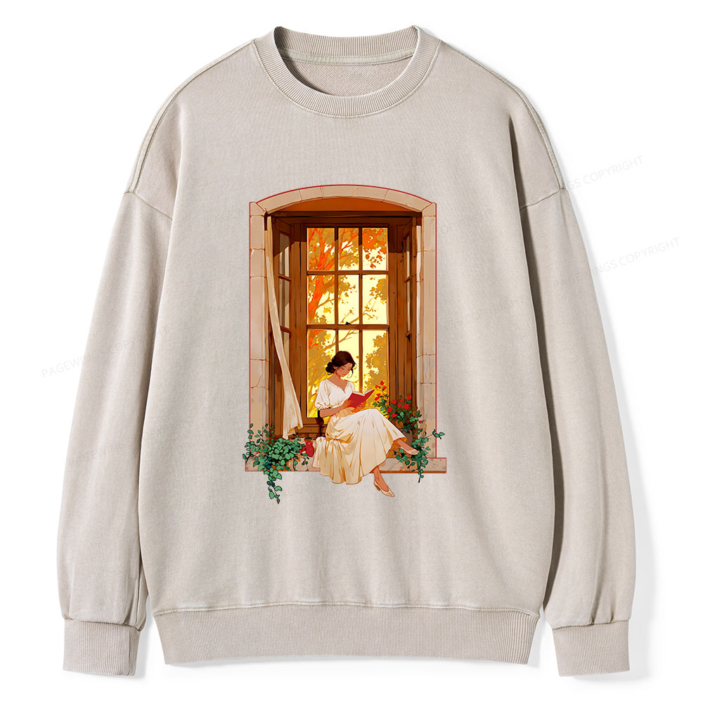 Pagewings Book Lovers Reading By The Window Unisex Washed Sweatshirt