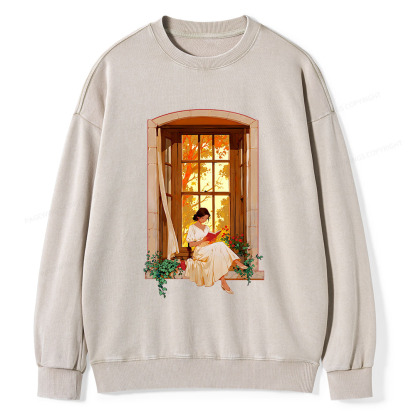 Pagewings Book Lovers Reading By The Window Unisex Washed Sweatshirt