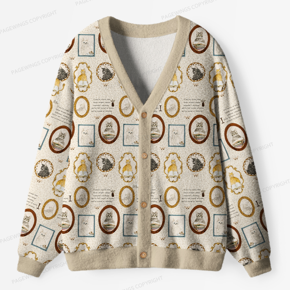 Pagewings Cats And Reading Unisex Ugly Cardigan Sweaters