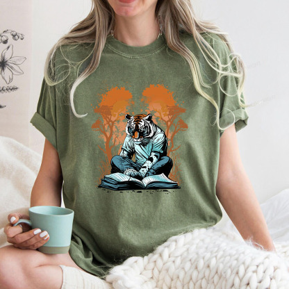 Pagewings Tiger Reading A Book Unisex Washed T-shirt