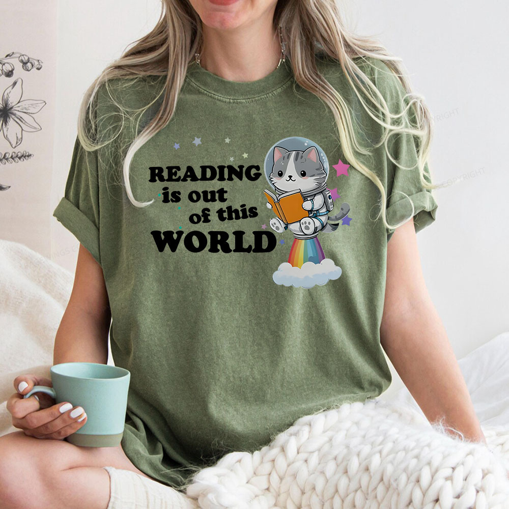 Pagewings Cat Reading in Space Unisex Washed T-shirt