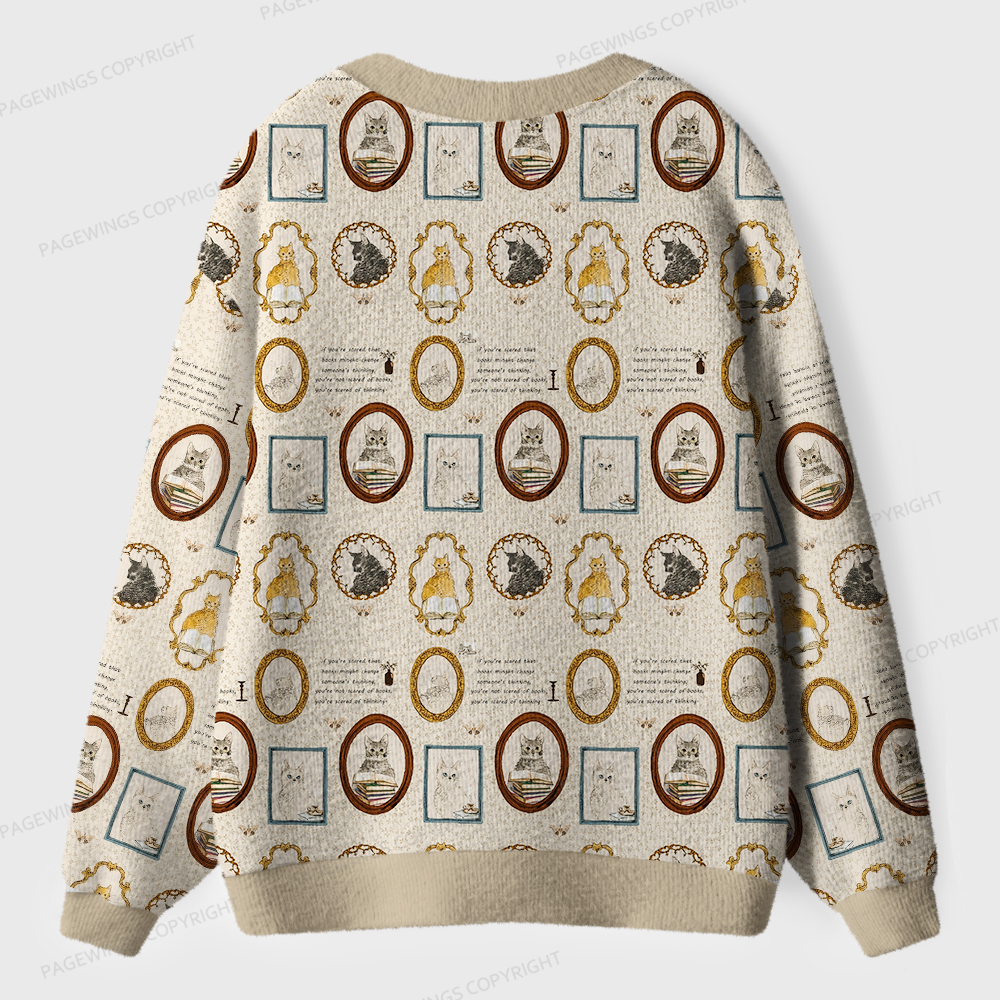 Pagewings Cats And Reading Unisex Ugly Cardigan Sweaters