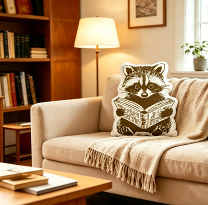 Pagewings Cute Raccoon Reading Book Shaped Throw Pillow