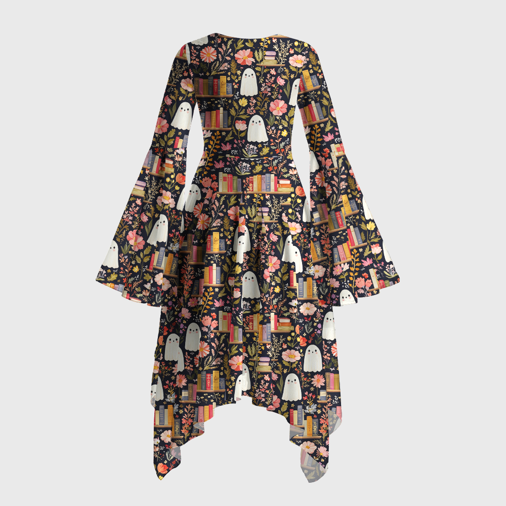 Pagewings Ghosts Love Reading Bell Sleeve Dress
