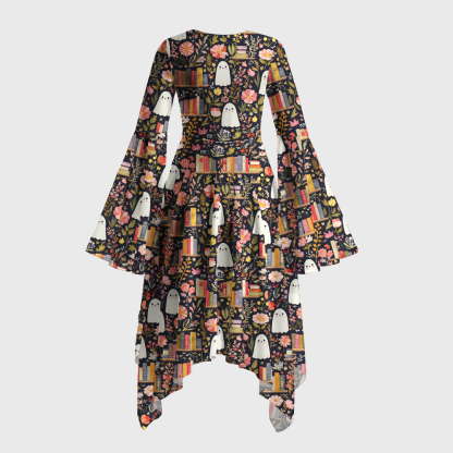 Pagewings Ghosts Love Reading Bell Sleeve Dress