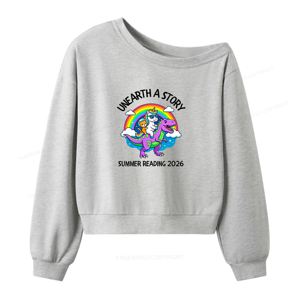 Pagewings Unearth A Story Summer Reading Women Off Shoulder Sweatshirt