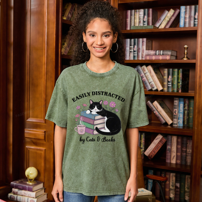 Pagewings Easily Distracted By Cats & Books Unisex Washed T-shirt