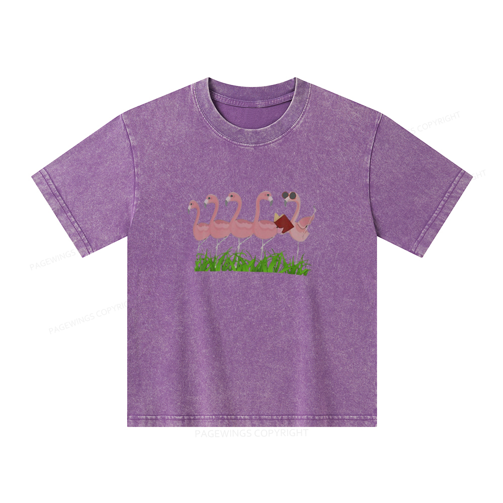 Pagewings Funny Flamingo Reading Book Unisex Kids Washed T-shirt