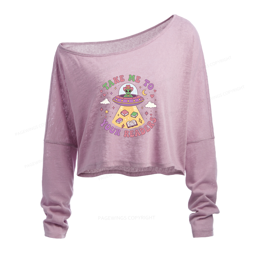 Pagewings Cute Alien Reading Slouchy Long Sleeve Off Shoulder T-shirt