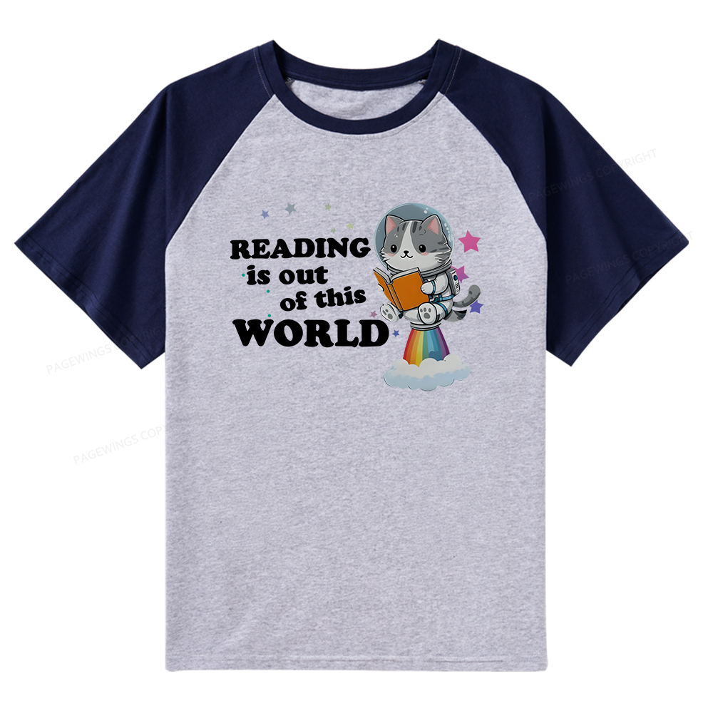 Pagewings Cat Reading in Space Raglan T-shirt