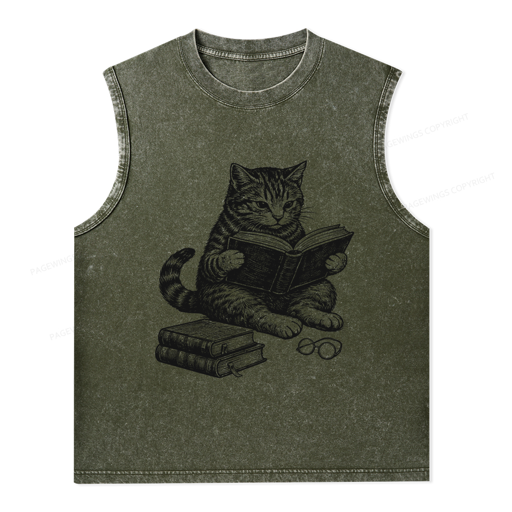 Pagewings Cat Reading Book Unisex Washed Tank Top