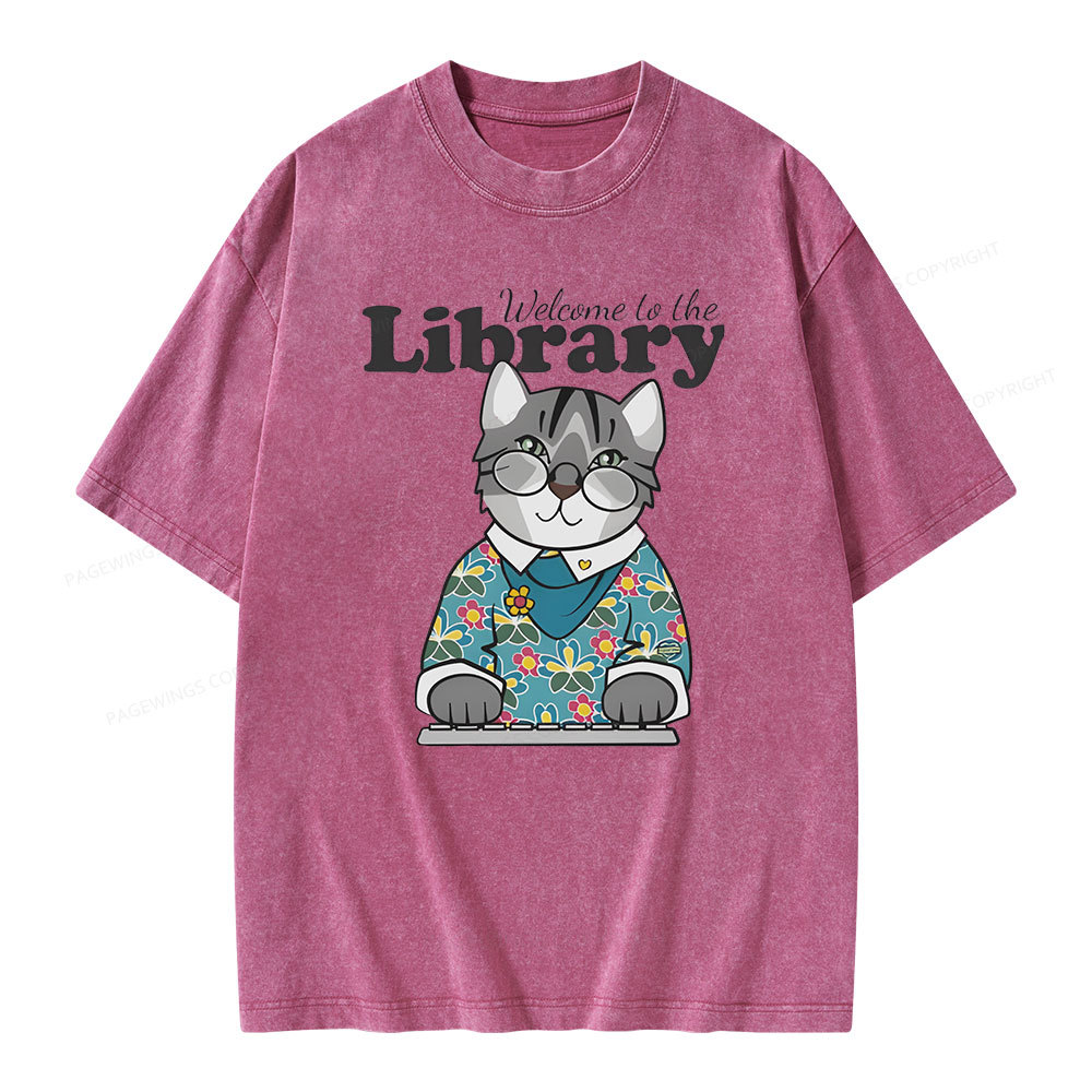 Pagewings Welcome to the Library Cat Unisex Washed T-shirt