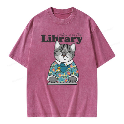 Pagewings Welcome to the Library Cat Unisex Washed T-shirt