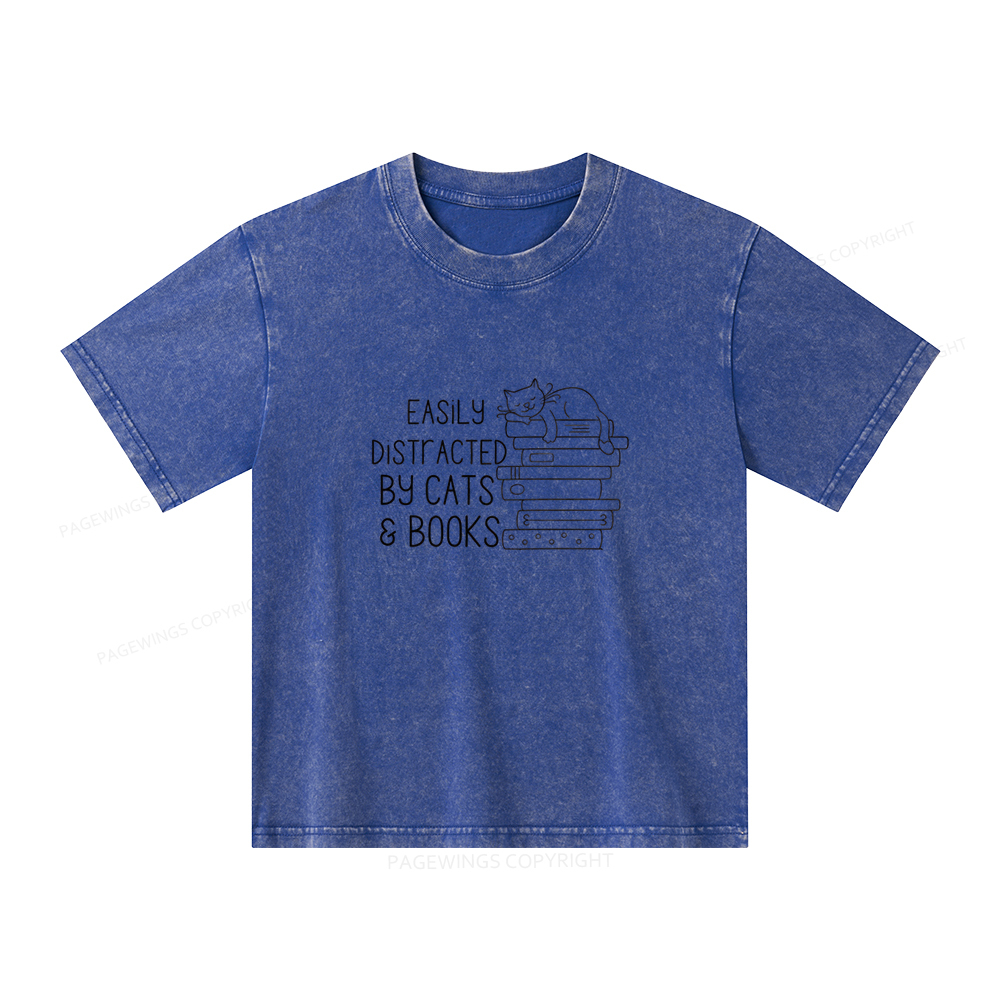 Pagewings Easily Distracted By Cats and Books Unisex Kids Washed T-shirt
