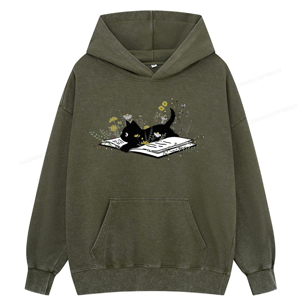 Pagewings Cute Book Cat Unisex Washed Hoodie
