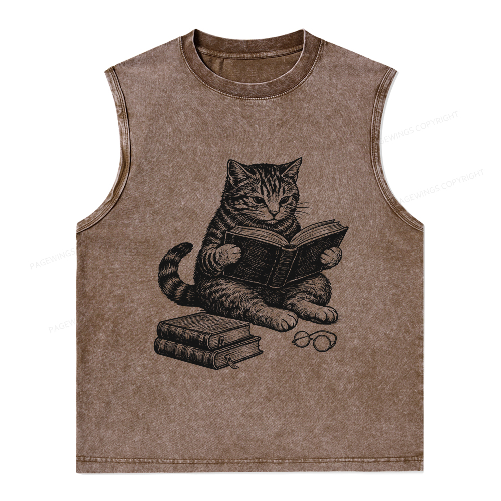 Pagewings Cat Reading Book Unisex Washed Tank Top