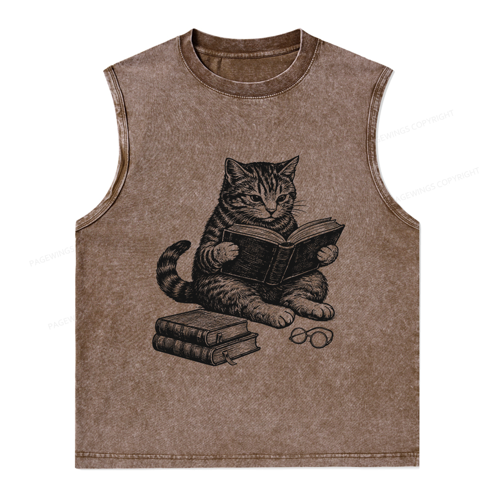 Pagewings Cat Reading Book Unisex Washed Tank Top