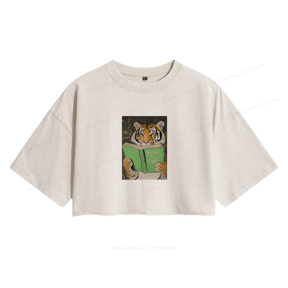 Pagewings Motivational Tiger Reading Women's Washed Cropped T-shirt